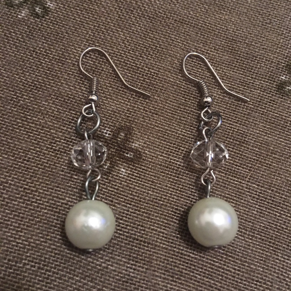 Vintage Beautiful Faux Pearl and Clear Beaded Dangle Hook Earrings